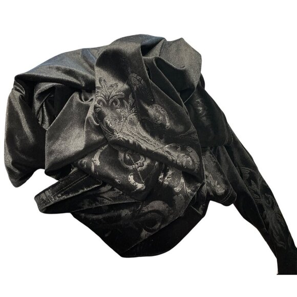 Fever Black Velvet Long Sleeve V-Neck Top Keyhole Back Subtle Scroll Pattern L - Picture 7 of 7